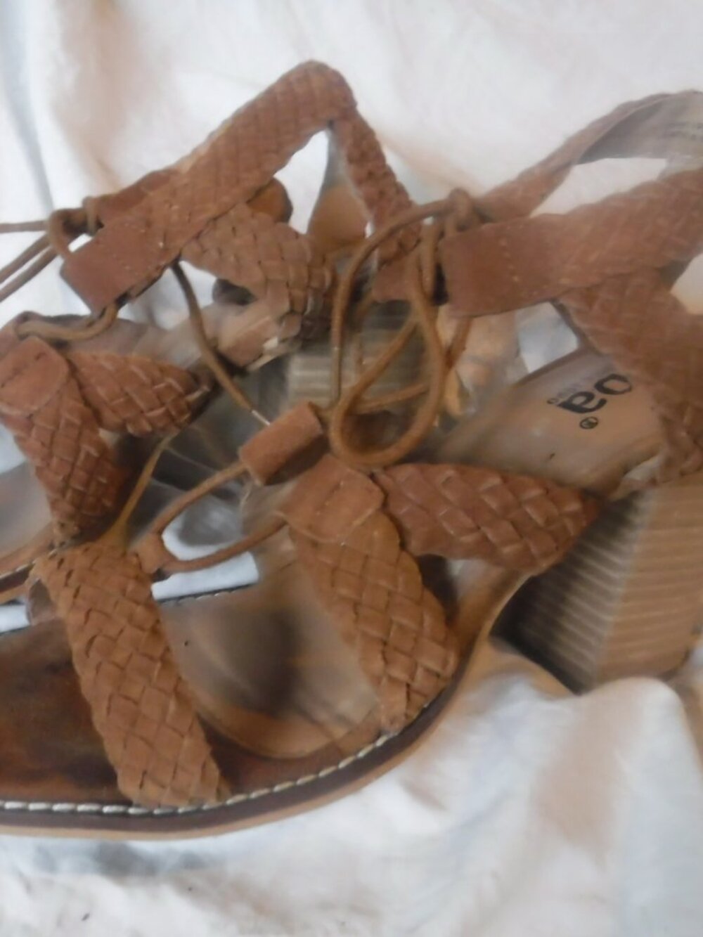Diba Women Sandal Size 9 Brown Faux Suede Strappy Caged Braided Ties 3.5" Heel